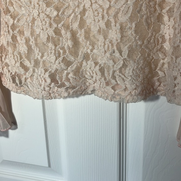 Pinky feminine sheer floral lace chiffon pleated bishop sleeve pullover pink L - Picture 8 of 14